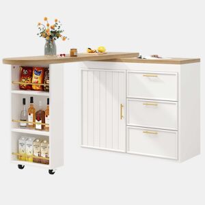 Mesa de bar - 3 gavetas, prateleiras ajustáveis, rotação de 360°, tabuleiro lateral, antiderrapante - branco