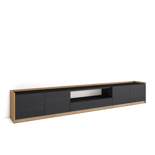 Móvel de TV, Muito espaço de arrumação, 310x37x50 cm, Para televisores até 80, Estante para TV, Estilo moderno, Preto e Carvalho