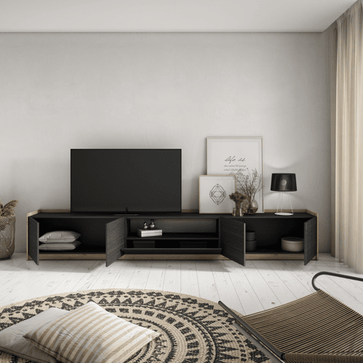Móvel de TV, Muito espaço de arrumação, 310x37x50 cm, Para televisores até 80, Estante para TV, Estilo moderno, Preto e Carvalho