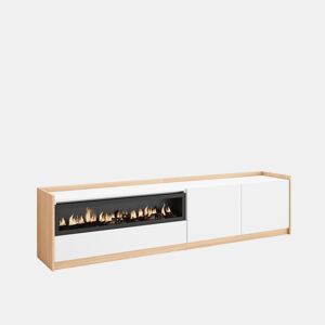 Móvel de TV, Muito espaço de arrumação, 207x37x50 cm, Para televisores até 80, Lareira eléctrica, Estilo moderno, Branco e Carvalho soft