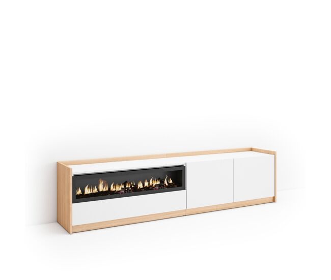 Mueble tv, televisión, muebles de salón, almacenaje, 207x37x50 cm, para tv hasta 80", chimenea eléctrica, estilo moderno, blanco y roble soft