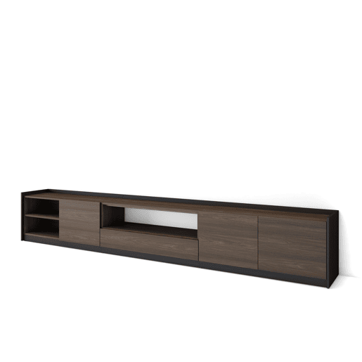 Móvel de TV, Muito espaço de arrumação, 310x37x50 cm, Para televisores até 80, Estante para TV, Estilo moderno, Carvalho escuro e Preto Móvel de TV, Muito espaço de arrumação, 310x37x50 cm, Para televisores até 80, Estante para TV, Estilo moderno, Carvalho escuro e Preto
