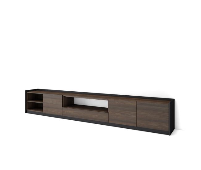 Mueble tv, televisión, muebles de salón, almacenaje, 310x37x50 cm, para tv hasta 80", con almacenamiento, estilo moderno, roble oscuro y negro