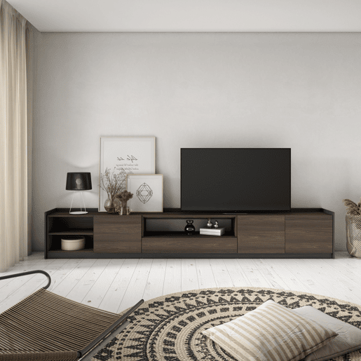 Móvel de TV, Muito espaço de arrumação, 310x37x50 cm, Para televisores até 80, Estante para TV, Estilo moderno, Carvalho escuro e Preto Móvel de TV, Muito espaço de arrumação, 310x37x50 cm, Para televisores até 80, Estante para TV, Estilo moderno, Carvalho escuro e Preto