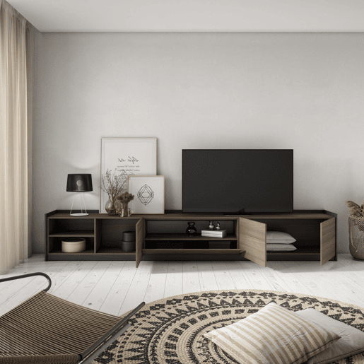 Móvel de TV, Muito espaço de arrumação, 310x37x50 cm, Para televisores até 80, Estante para TV, Estilo moderno, Carvalho escuro e Preto Móvel de TV, Muito espaço de arrumação, 310x37x50 cm, Para televisores até 80, Estante para TV, Estilo moderno, Carvalho escuro e Preto