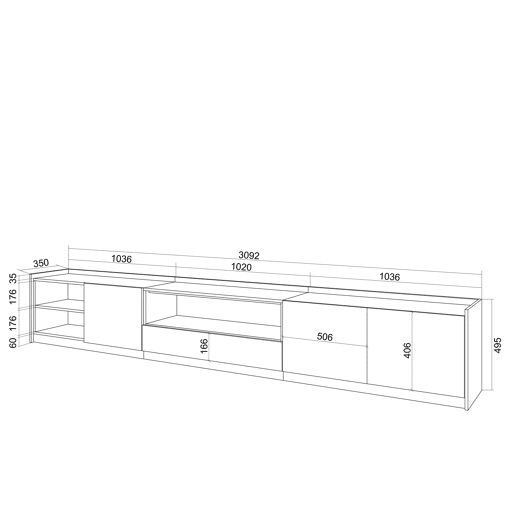 Móvel de TV, Muito espaço de arrumação, 310x37x50 cm, Para televisores até 80, Estante para TV, Estilo moderno, Carvalho escuro e Preto Móvel de TV, Muito espaço de arrumação, 310x37x50 cm, Para televisores até 80, Estante para TV, Estilo moderno, Carvalho escuro e Preto