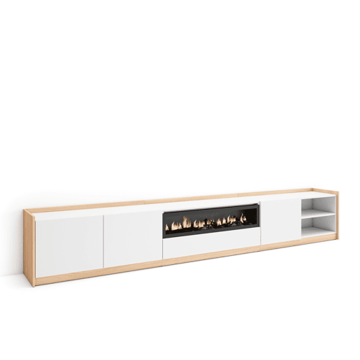 Móvel de TV, Muito espaço de arrumação, 310x37x50 cm, Para televisores até 80, Lareira eléctrica, Estilo moderno, Branco e Carvalho soft