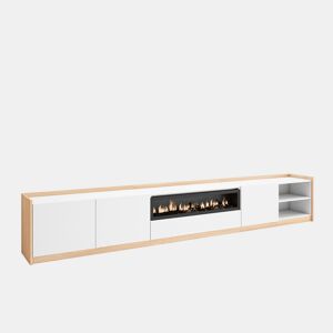 Móvel de TV, Muito espaço de arrumação, 310x37x50 cm, Para televisores até 80, Lareira eléctrica, Estilo moderno, Branco e Carvalho soft