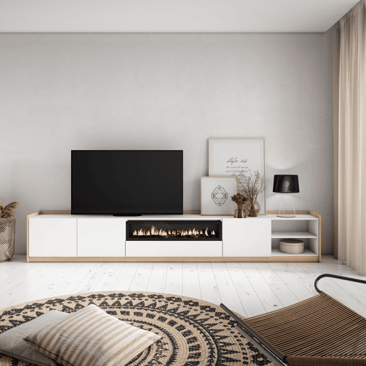 Móvel de TV, Muito espaço de arrumação, 310x37x50 cm, Para televisores até 80, Lareira eléctrica, Estilo moderno, Branco e Carvalho soft
