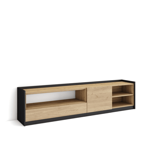 Móvel de TV, Muito espaço de arrumação, 207x37x50 cm, Para televisores até 80, Estante para TV, Estilo moderno, Carvalho e preto Móvel de TV, Muito espaço de arrumação, 207x37x50 cm, Para televisores até 80, Estante para TV, Estilo moderno, Carvalho e preto