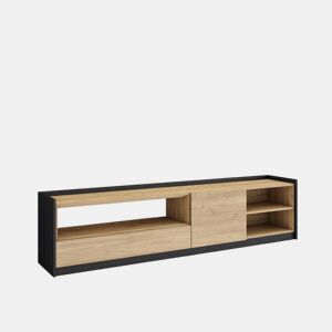 Móvel de TV, Muito espaço de arrumação, 207x37x50 cm, Para televisores até 80, Estante para TV, Estilo moderno, Carvalho e preto