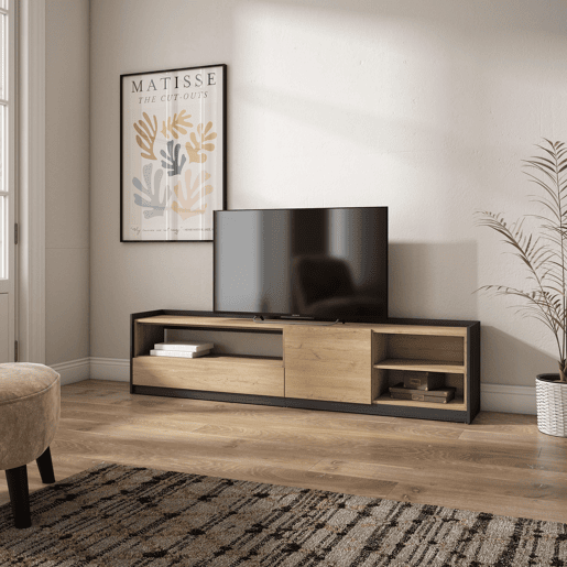 Móvel de TV, Muito espaço de arrumação, 207x37x50 cm, Para televisores até 80, Estante para TV, Estilo moderno, Carvalho e preto Móvel de TV, Muito espaço de arrumação, 207x37x50 cm, Para televisores até 80, Estante para TV, Estilo moderno, Carvalho e preto