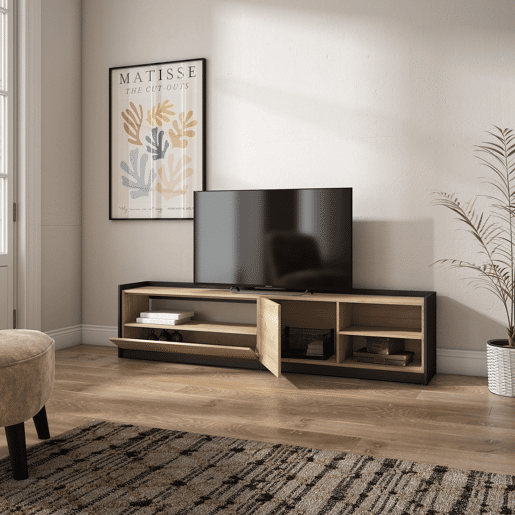 Móvel de TV, Muito espaço de arrumação, 207x37x50 cm, Para televisores até 80, Estante para TV, Estilo moderno, Carvalho e preto Móvel de TV, Muito espaço de arrumação, 207x37x50 cm, Para televisores até 80, Estante para TV, Estilo moderno, Carvalho e preto