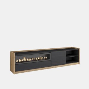 Móvel de TV, Muito espaço de arrumação, 207x37x50 cm, Para televisores até 80, Lareira eléctrica, Estilo moderno, Preto e Carvalho