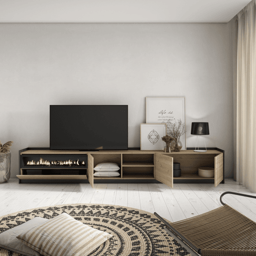 Móvel de TV, Muito espaço de arrumação, 310x37x50 cm, Para televisores até 80, Lareira eléctrica, Estilo moderno, Carvalho e preto