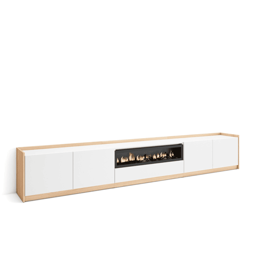 Móvel de TV, Muito espaço de arrumação, 310x37x50 cm, Para televisores até 80, Lareira eléctrica, Estilo moderno, Branco e Carvalho soft