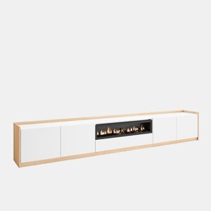Móvel de TV, Muito espaço de arrumação, 310x37x50 cm, Para televisores até 80, Lareira eléctrica, Estilo moderno, Branco e Carvalho soft