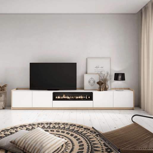 Móvel de TV, Muito espaço de arrumação, 310x37x50 cm, Para televisores até 80, Lareira eléctrica, Estilo moderno, Branco e Carvalho soft