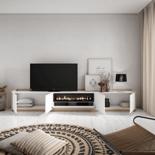Móvel de TV, Muito espaço de arrumação, 310x37x50 cm, Para televisores até 80, Lareira eléctrica, Estilo moderno, Branco e Carvalho soft