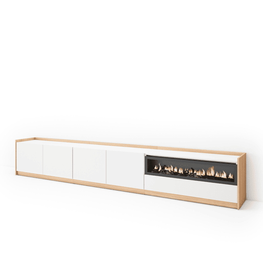 Móvel de TV, Muito espaço de arrumação, 310x37x50 cm, Para televisores até 80, Lareira eléctrica, Estilo moderno, Branco e Carvalho soft Móvel de TV, Muito espaço de arrumação, 310x37x50 cm, Para televisores até 80, Lareira eléctrica, Estilo moderno, Branco e Carvalho soft