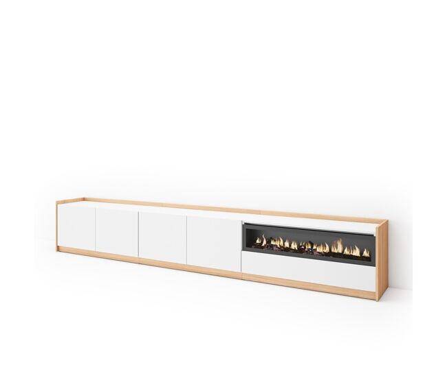 Mueble tv, televisión, muebles de salón, almacenaje, 310x37x50 cm, para tv hasta 80", chimenea eléctrica, estilo moderno, blanco y roble soft