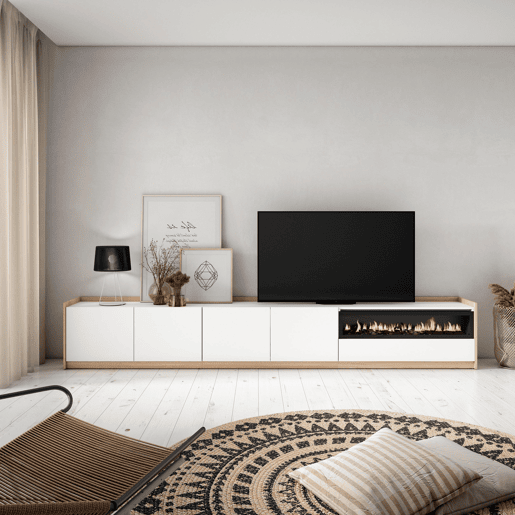 Móvel de TV, Muito espaço de arrumação, 310x37x50 cm, Para televisores até 80, Lareira eléctrica, Estilo moderno, Branco e Carvalho soft Móvel de TV, Muito espaço de arrumação, 310x37x50 cm, Para televisores até 80, Lareira eléctrica, Estilo moderno, Branco e Carvalho soft