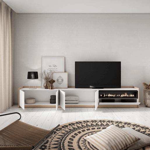 Móvel de TV, Muito espaço de arrumação, 310x37x50 cm, Para televisores até 80, Lareira eléctrica, Estilo moderno, Branco e Carvalho soft Móvel de TV, Muito espaço de arrumação, 310x37x50 cm, Para televisores até 80, Lareira eléctrica, Estilo moderno, Branco e Carvalho soft