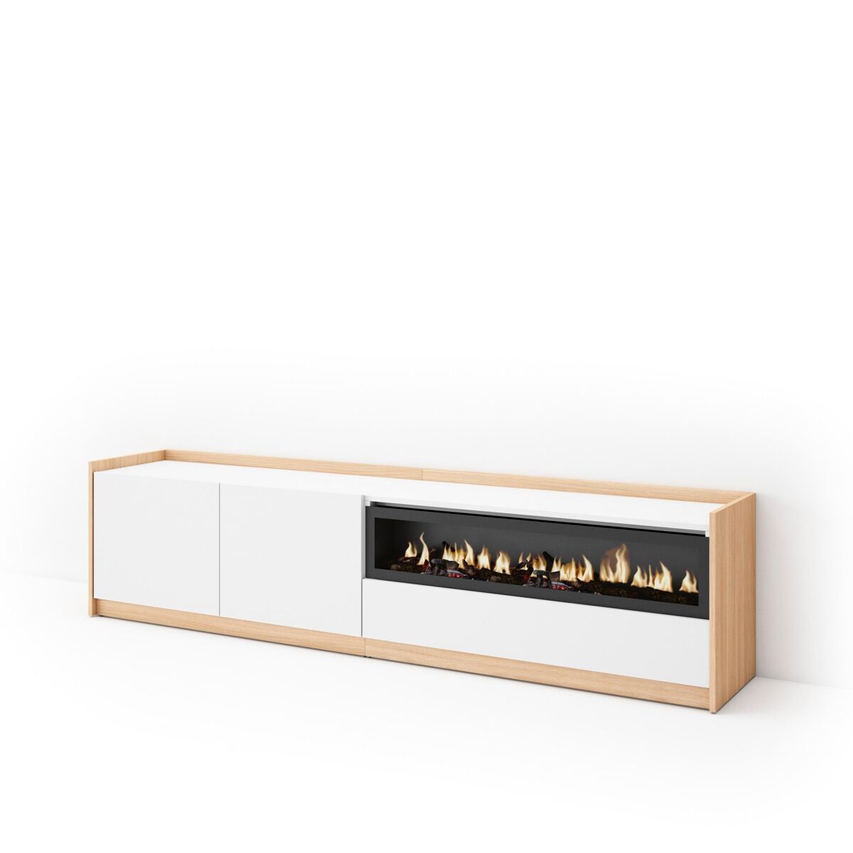 mueble tv television muebles de salon almacenaje 207x37x50 cm para tv hasta 80 chimenea electrica estilo moderno blanco y roble soft