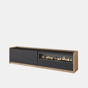 Móvel de TV, Muito espaço de arrumação, 207x37x50 cm, Para televisores até 80, Lareira eléctrica, Estilo moderno, Preto e Carvalho