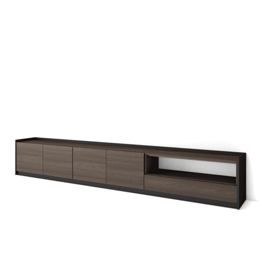 Móvel de TV, Muito espaço de arrumação, 310x37x50 cm, Para televisores até 80, Estante para TV, Estilo moderno, Carvalho escuro e Preto Móvel de TV, Muito espaço de arrumação, 310x37x50 cm, Para televisores até 80, Estante para TV, Estilo moderno, Carvalho escuro e Preto
