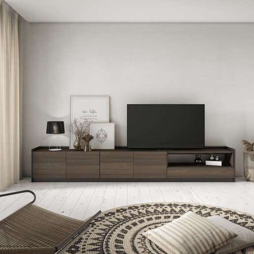 Móvel de TV, Muito espaço de arrumação, 310x37x50 cm, Para televisores até 80, Estante para TV, Estilo moderno, Carvalho escuro e Preto Móvel de TV, Muito espaço de arrumação, 310x37x50 cm, Para televisores até 80, Estante para TV, Estilo moderno, Carvalho escuro e Preto
