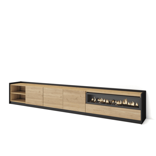 Móvel de TV, Muito espaço de arrumação, 310x37x50 cm, Para televisores até 80, Lareira eléctrica, Estilo moderno, Carvalho e preto