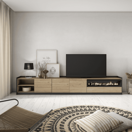 Móvel de TV, Muito espaço de arrumação, 310x37x50 cm, Para televisores até 80, Lareira eléctrica, Estilo moderno, Carvalho e preto