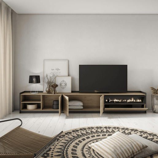 Móvel de TV, Muito espaço de arrumação, 310x37x50 cm, Para televisores até 80, Lareira eléctrica, Estilo moderno, Carvalho e preto