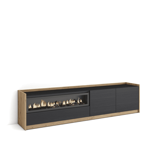 Móvel de TV, Muito espaço de arrumação, 207x37x50 cm, Para televisores até 80, Lareira eléctrica, Estilo moderno, Preto e Carvalho Móvel de TV, Muito espaço de arrumação, 207x37x50 cm, Para televisores até 80, Lareira eléctrica, Estilo moderno, Preto e Carvalho
