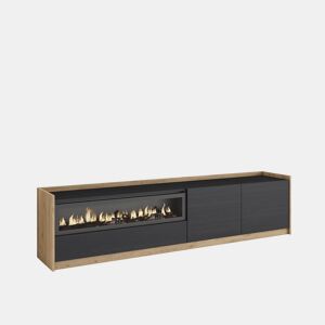Móvel de TV, Muito espaço de arrumação, 207x37x50 cm, Para televisores até 80, Lareira eléctrica, Estilo moderno, Preto e Carvalho