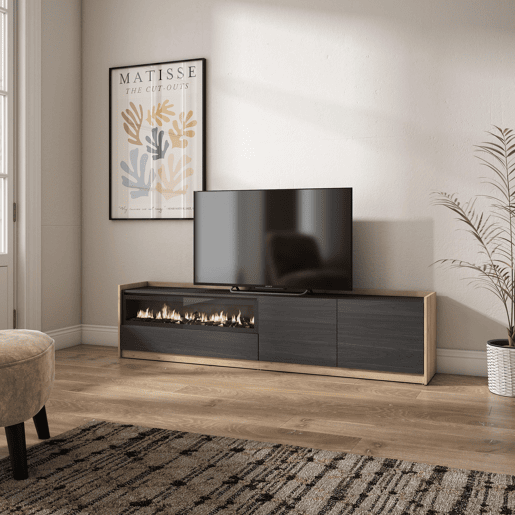 Móvel de TV, Muito espaço de arrumação, 207x37x50 cm, Para televisores até 80, Lareira eléctrica, Estilo moderno, Preto e Carvalho Móvel de TV, Muito espaço de arrumação, 207x37x50 cm, Para televisores até 80, Lareira eléctrica, Estilo moderno, Preto e Carvalho