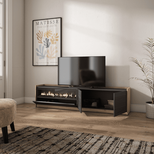 Móvel de TV, Muito espaço de arrumação, 207x37x50 cm, Para televisores até 80, Lareira eléctrica, Estilo moderno, Preto e Carvalho Móvel de TV, Muito espaço de arrumação, 207x37x50 cm, Para televisores até 80, Lareira eléctrica, Estilo moderno, Preto e Carvalho