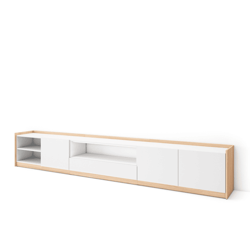 Móvel de TV, Muito espaço de arrumação, 310x37x50 cm, Para televisores até 80, Estante para TV, Estilo moderno, Branco e Carvalho soft