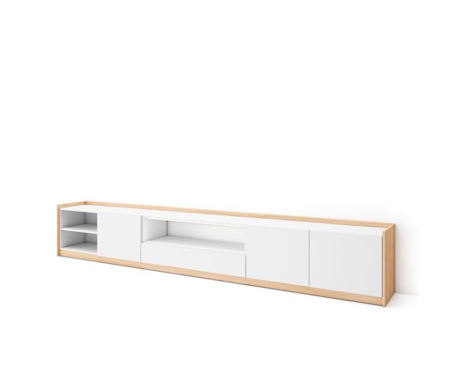 Mueble tv, televisión, muebles de salón, almacenaje, 310x37x50 cm, para tv hasta 80", con almacenamiento, estilo moderno, blanco y roble soft