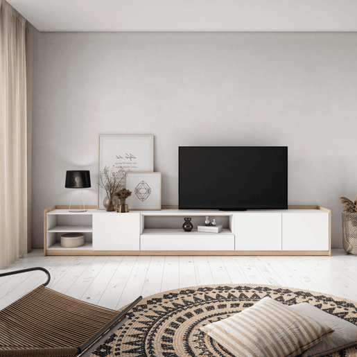 Móvel de TV, Muito espaço de arrumação, 310x37x50 cm, Para televisores até 80, Estante para TV, Estilo moderno, Branco e Carvalho soft