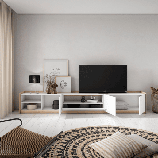 Móvel de TV, Muito espaço de arrumação, 310x37x50 cm, Para televisores até 80, Estante para TV, Estilo moderno, Branco e Carvalho soft