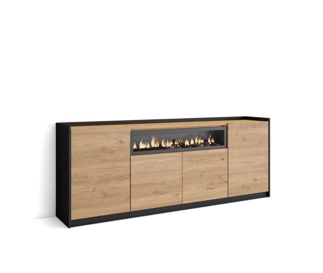 Aparador para salón, gran capacidad de almacenaje, 207x37x80 cm, 4 puertas, chimenea eléctrica, estilo moderno, roble y negro