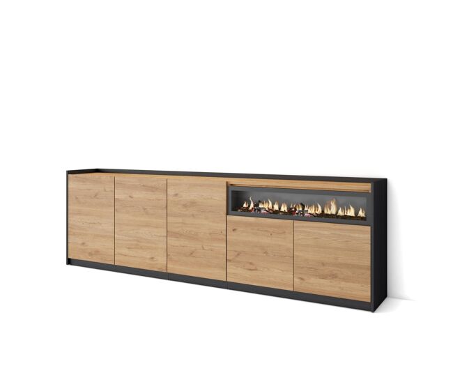 Aparador para salón, gran capacidad de almacenaje, 260x37x80 cm, 5 puertas, chimenea eléctrica, estilo moderno, roble y negro