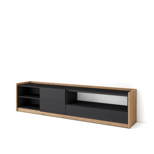 Móvel de TV, Muito espaço de arrumação, 207x37x50 cm, Para televisores até 80, Estante para TV, Estilo moderno, Preto e Carvalho Móvel de TV, Muito espaço de arrumação, 207x37x50 cm, Para televisores até 80, Estante para TV, Estilo moderno, Preto e Carvalho