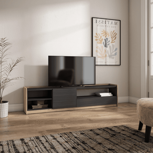 Móvel de TV, Muito espaço de arrumação, 207x37x50 cm, Para televisores até 80, Estante para TV, Estilo moderno, Preto e Carvalho Móvel de TV, Muito espaço de arrumação, 207x37x50 cm, Para televisores até 80, Estante para TV, Estilo moderno, Preto e Carvalho