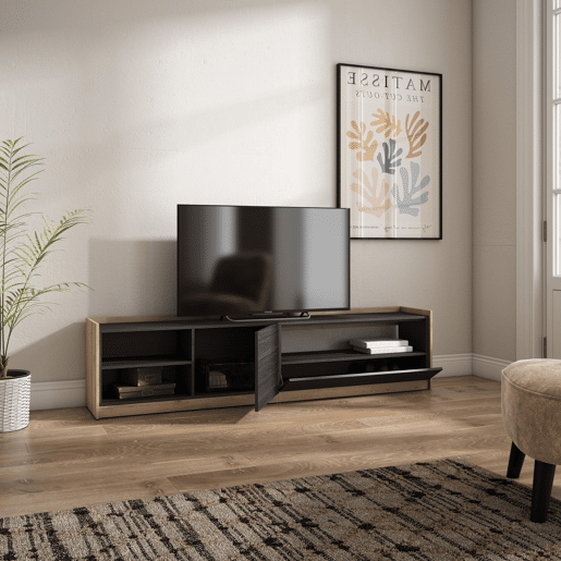 Móvel de TV, Muito espaço de arrumação, 207x37x50 cm, Para televisores até 80, Estante para TV, Estilo moderno, Preto e Carvalho Móvel de TV, Muito espaço de arrumação, 207x37x50 cm, Para televisores até 80, Estante para TV, Estilo moderno, Preto e Carvalho