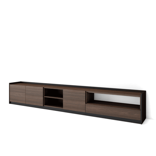 Móvel de TV, Muito espaço de arrumação, 310x37x50 cm, Para televisores até 80, Estante para TV, Estilo moderno, Carvalho escuro e Preto Móvel de TV, Muito espaço de arrumação, 310x37x50 cm, Para televisores até 80, Estante para TV, Estilo moderno, Carvalho escuro e Preto