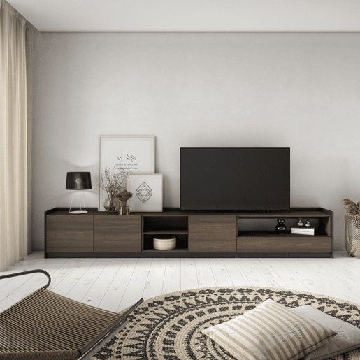 Móvel de TV, Muito espaço de arrumação, 310x37x50 cm, Para televisores até 80, Estante para TV, Estilo moderno, Carvalho escuro e Preto Móvel de TV, Muito espaço de arrumação, 310x37x50 cm, Para televisores até 80, Estante para TV, Estilo moderno, Carvalho escuro e Preto