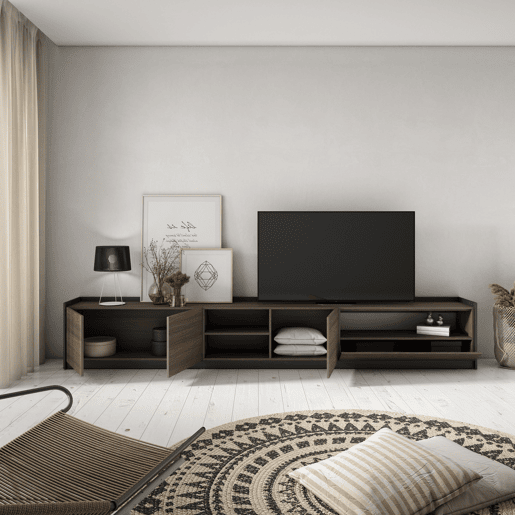 Móvel de TV, Muito espaço de arrumação, 310x37x50 cm, Para televisores até 80, Estante para TV, Estilo moderno, Carvalho escuro e Preto Móvel de TV, Muito espaço de arrumação, 310x37x50 cm, Para televisores até 80, Estante para TV, Estilo moderno, Carvalho escuro e Preto